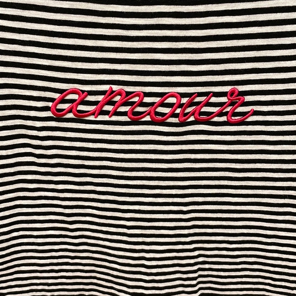 Amour Shirt, Blue + White Stripe with red embroidered love, amour, french.